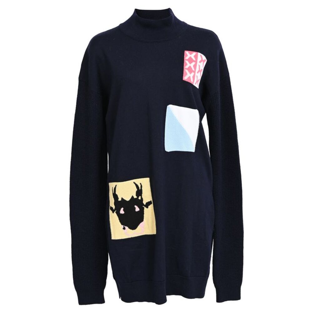 Jw Anderson Crochet Patch Mock Neck Sweater in Navy Blue Wool